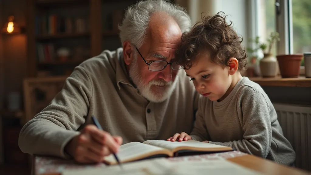 Grandfather and grandchild examining a First Day Cover album