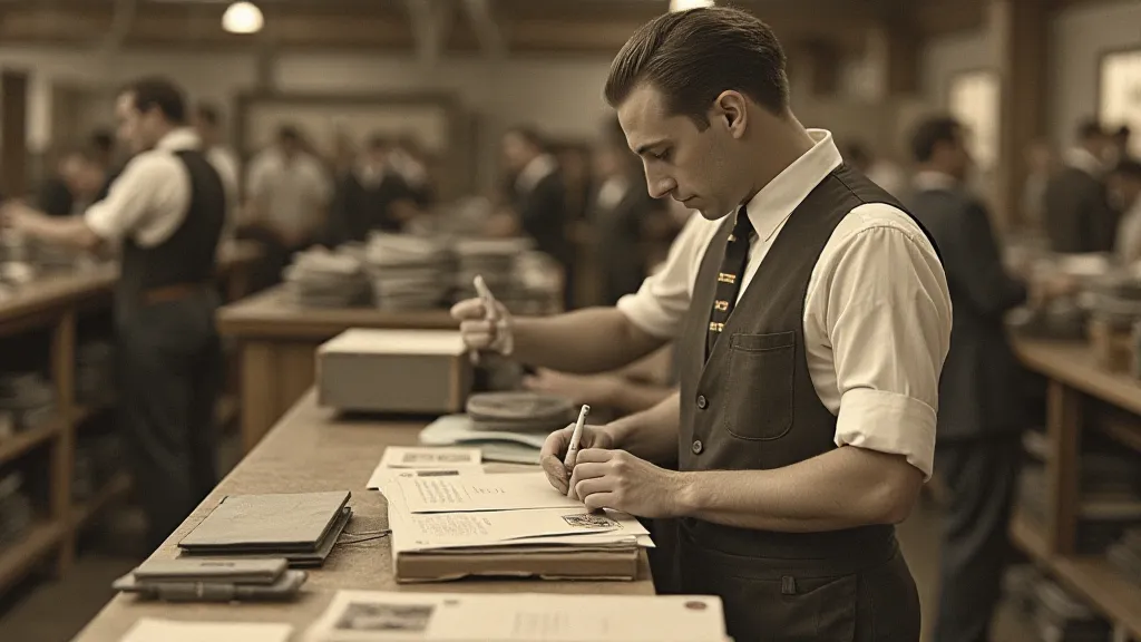 Postal worker applying stamps to FDCs