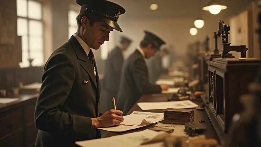 Vintage post office scene with clerk applying cancellation